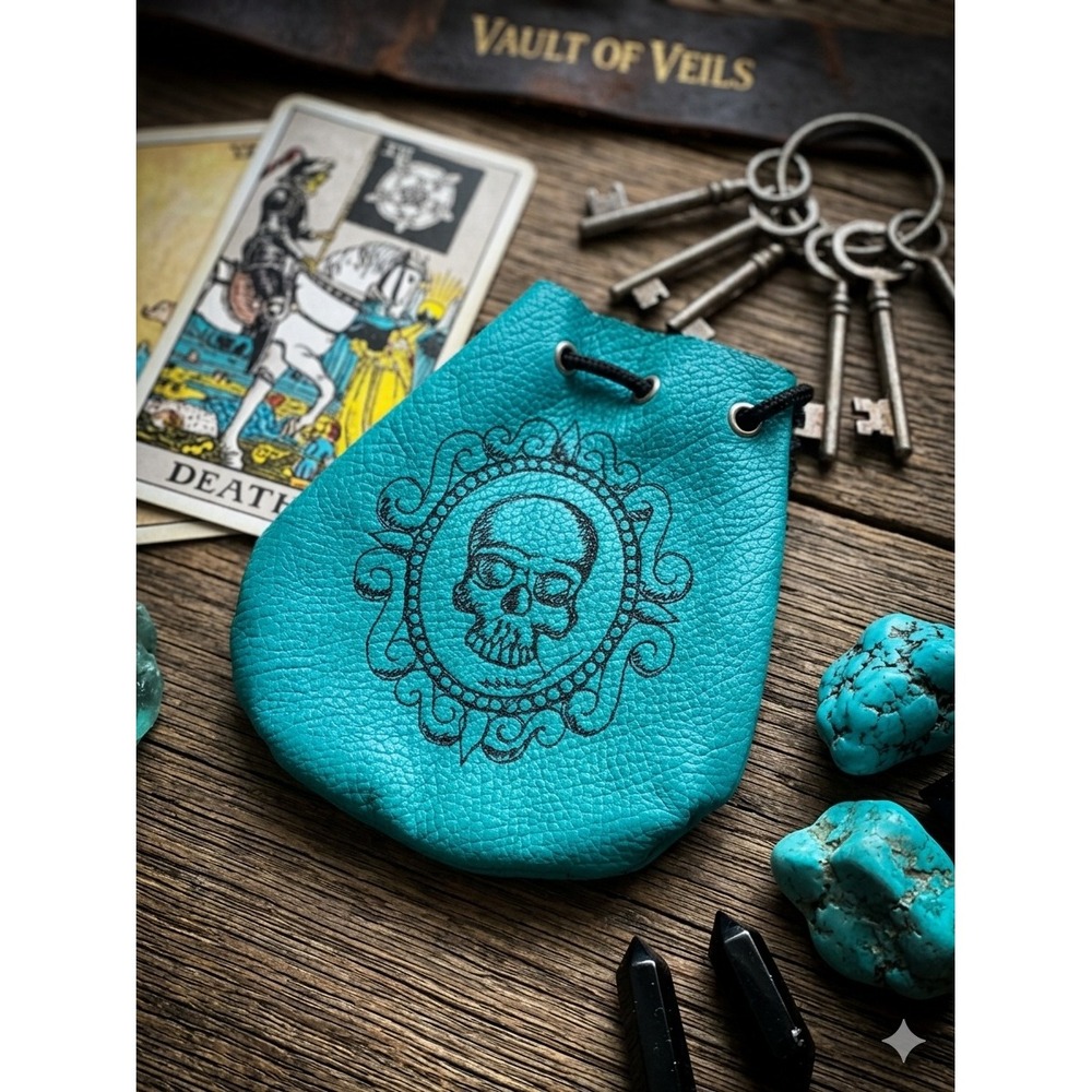 Turquoise Leather Skull Drawstring Coin Pouch Black Suede Small Trinket Dice Bag